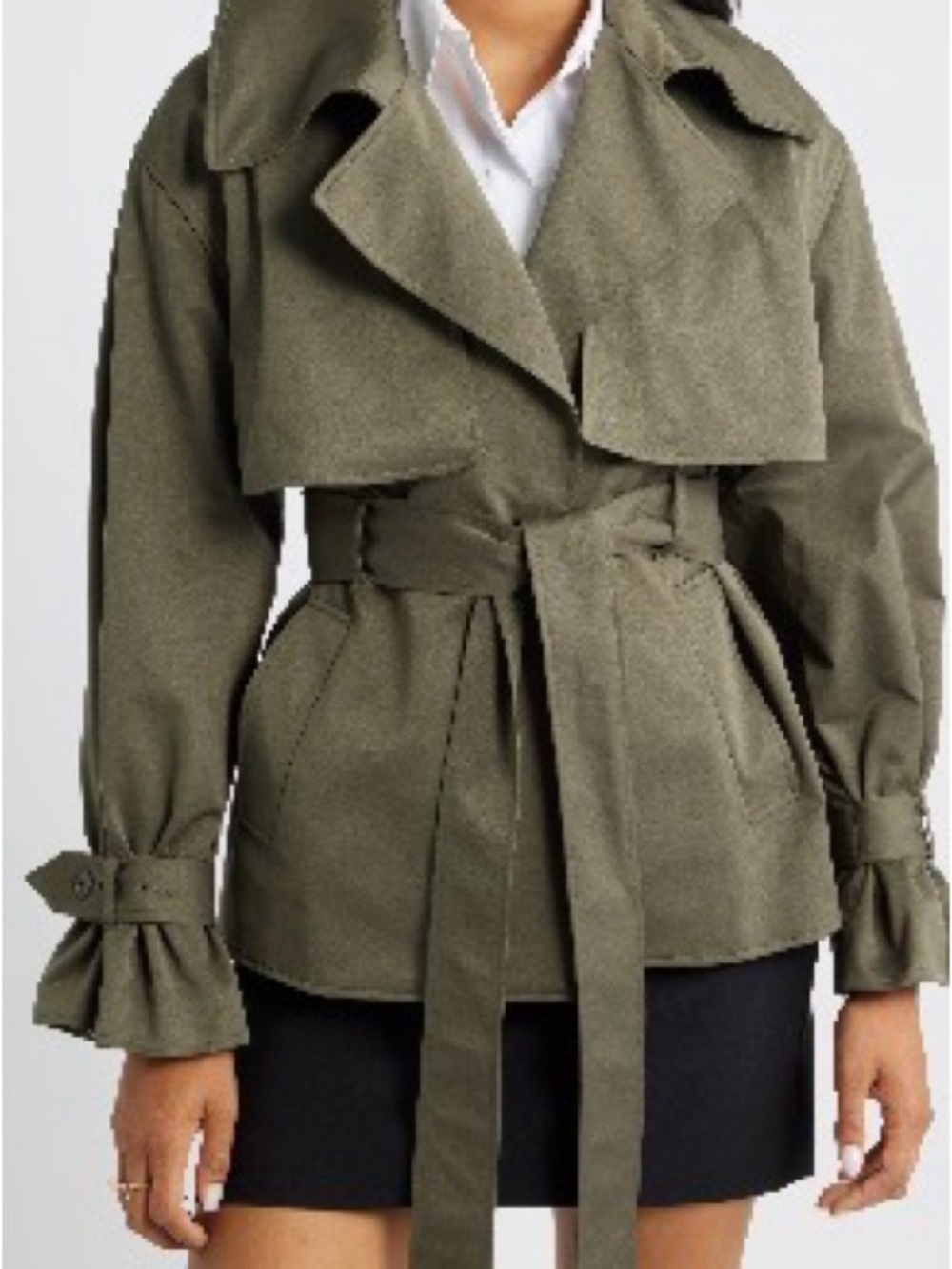 Women's Olive Belted Trench Jacket with Wide Lapel